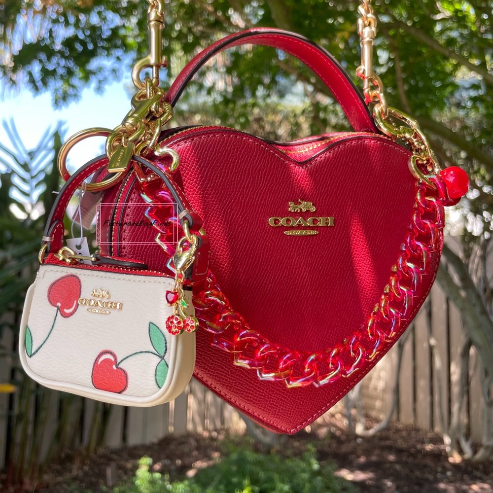 Red Coach Heart Crossbody CE652 Mini Nolita Bag Charm Heart Cherry Print BUNDLE